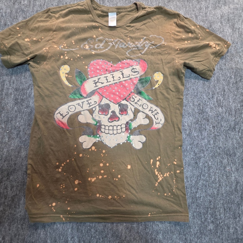 Ed Hardy Love Kills Slowly Rhinestone Bleach Splatter T-Shirt Olive Green M